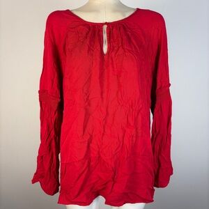 Joe Fresh Red Smocked Cuff Peasant Blouse XL Boho Tunic Keyhole ❤️